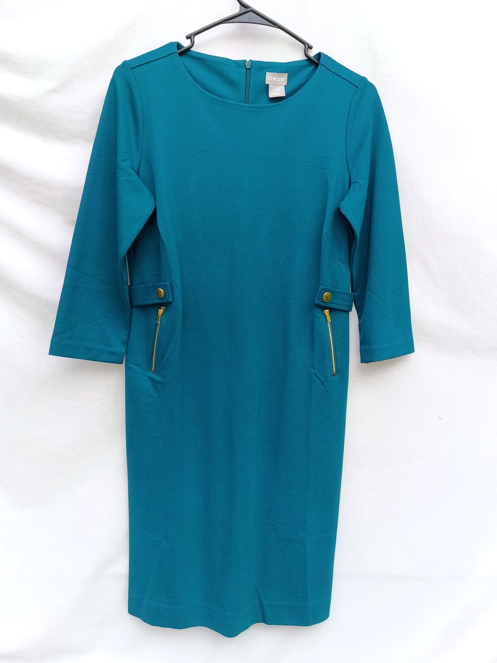 Chico's NWOT Teal Long-Sleeve Sheath Dress with Gold Zipper Accents Minimalist